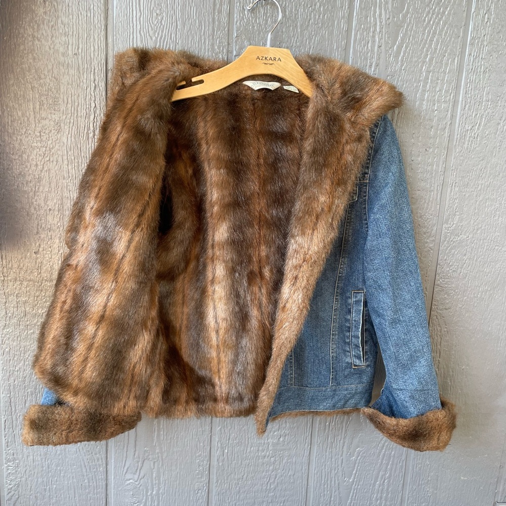 St. John's Bay Women's Denim Jacket with Faux Fur - Blue and Brown